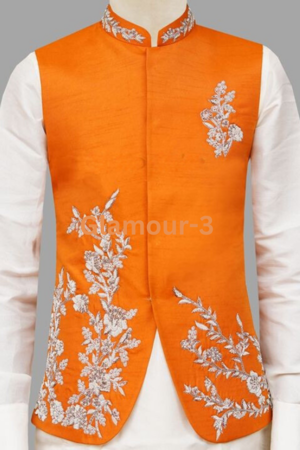 Elegant Men's Orange Slim-Fit Wool Waistcoat